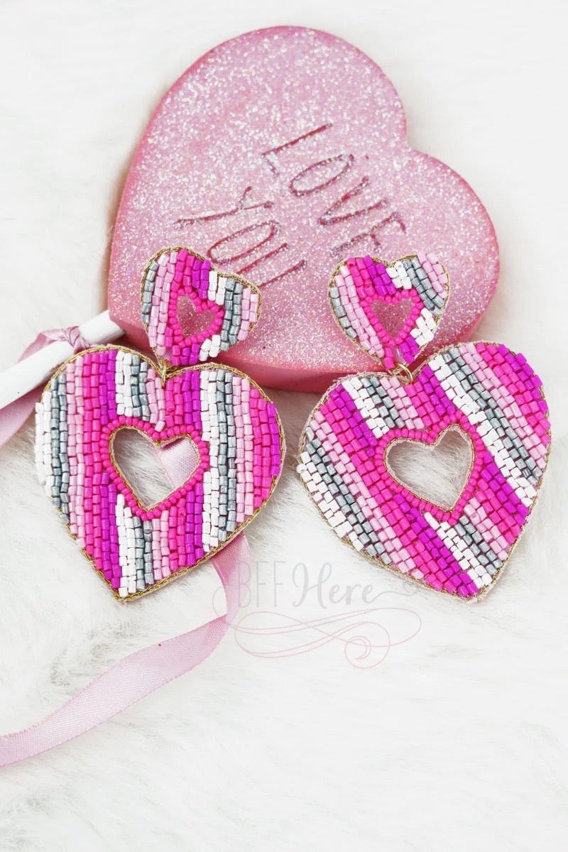 Fuchsia Striped Seed Bead Heart Earrings - BFF Here