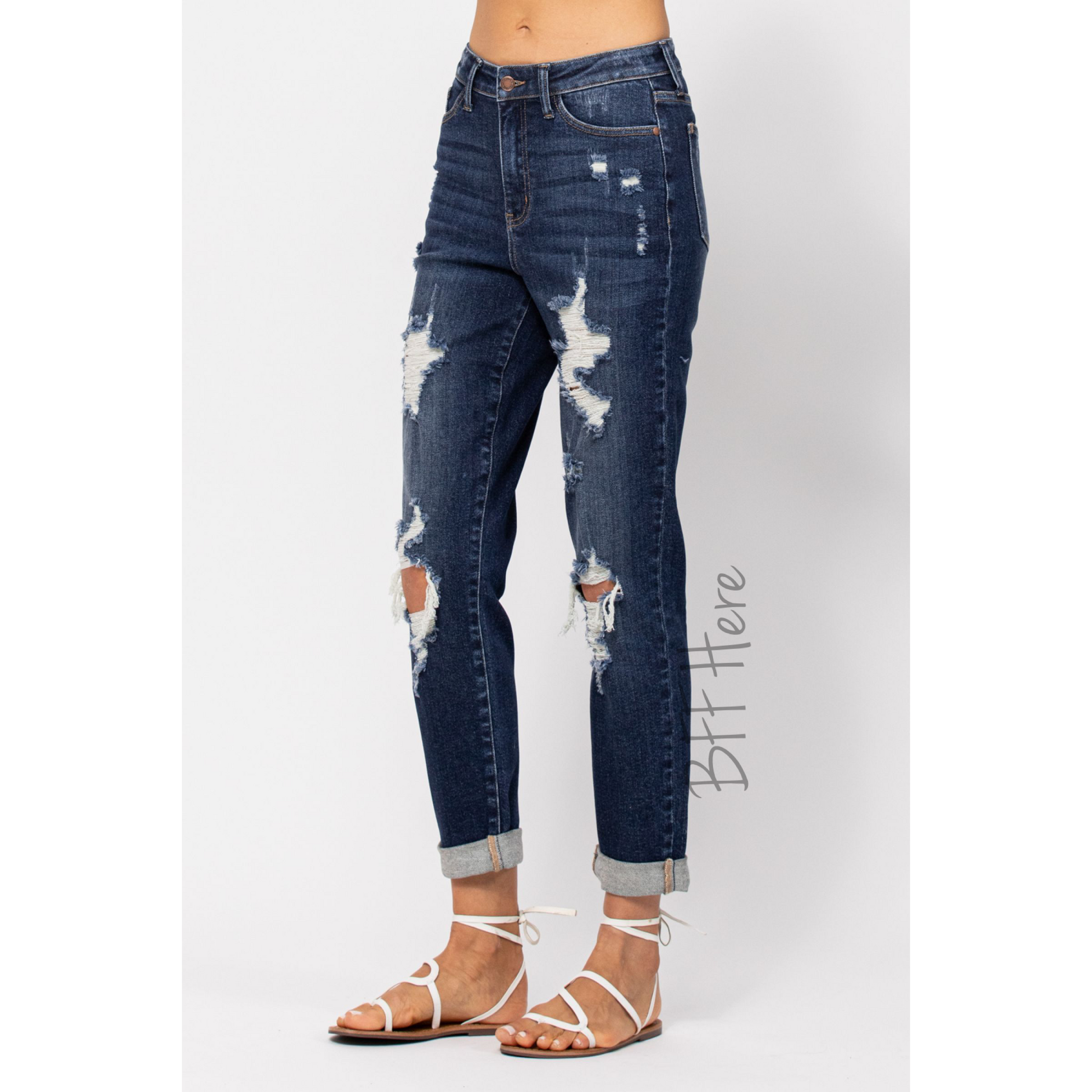 High Waist Destroyed Cuffed Boyfriend Jeans by Judy Blue - BFF Here