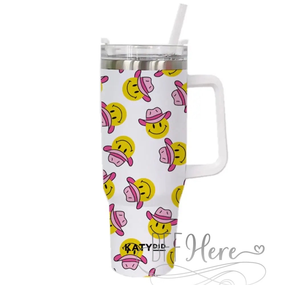 PREORDER-40 oz. Cowboy Happy Face Travel Tumbler - BFF Here