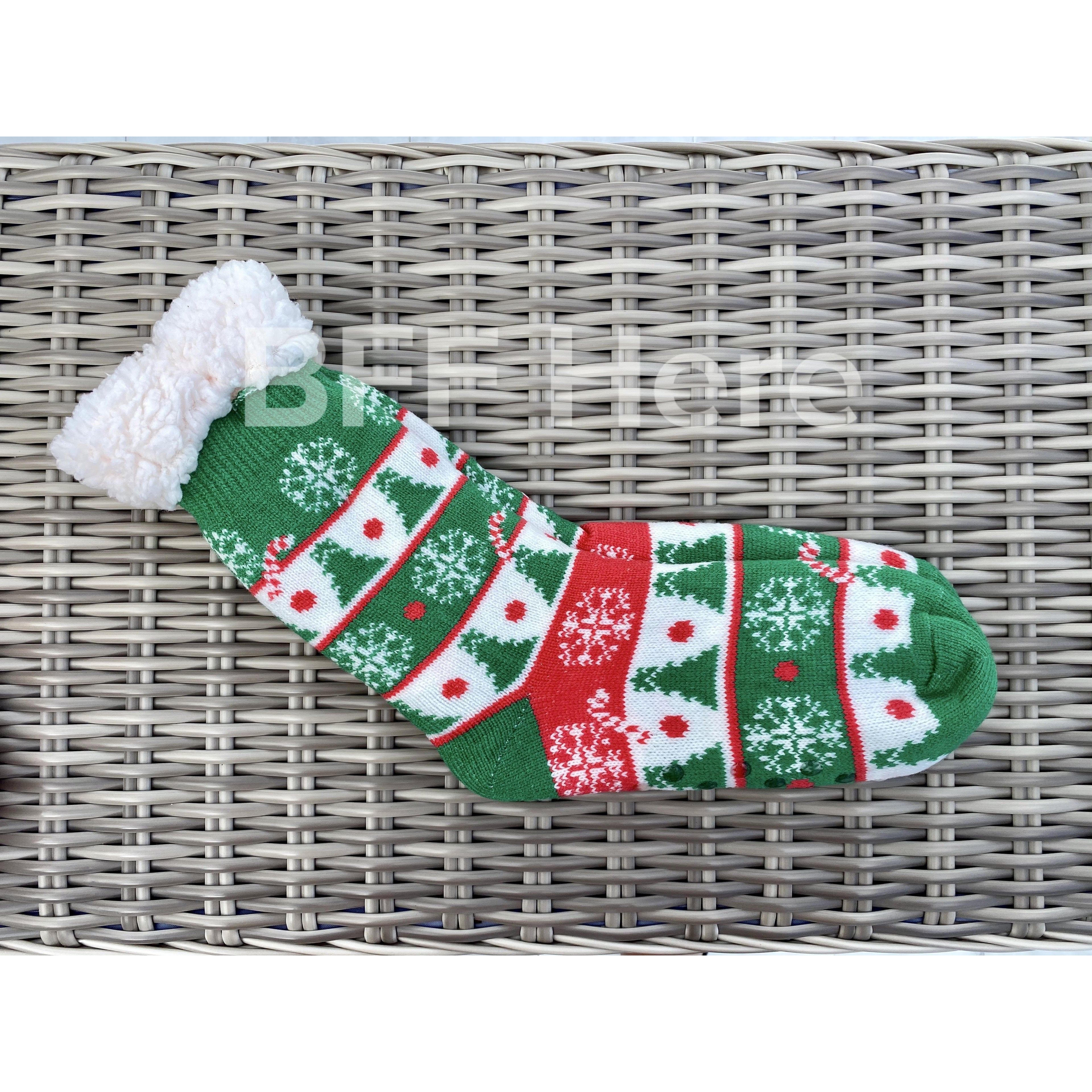 Christmas Tree  Print Faux Sherpa Slipper Socks -- Choice of Color - BFF Here