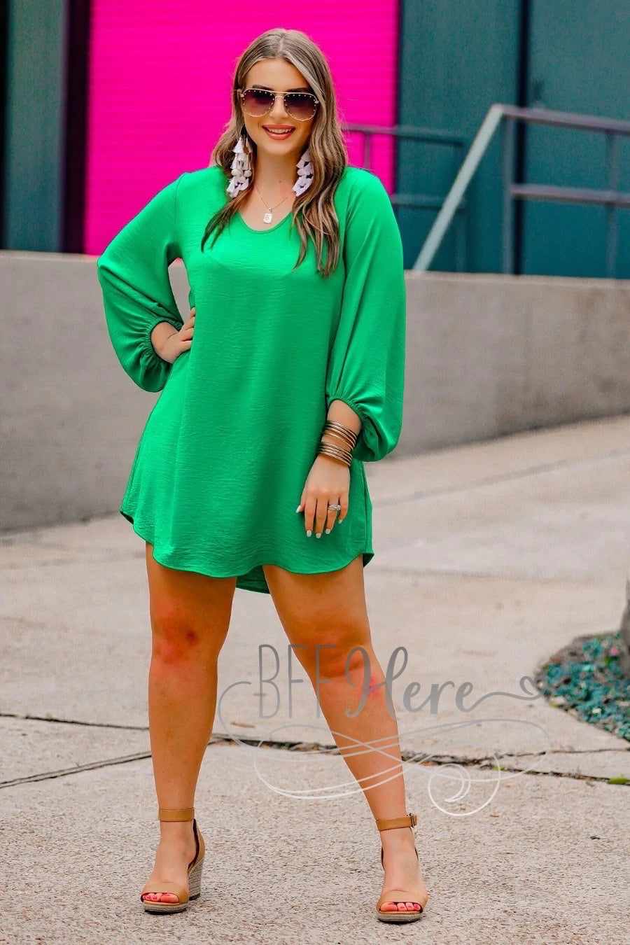 Jessie Balloon Sleeve Dress -- Kelly Green - BFF Here