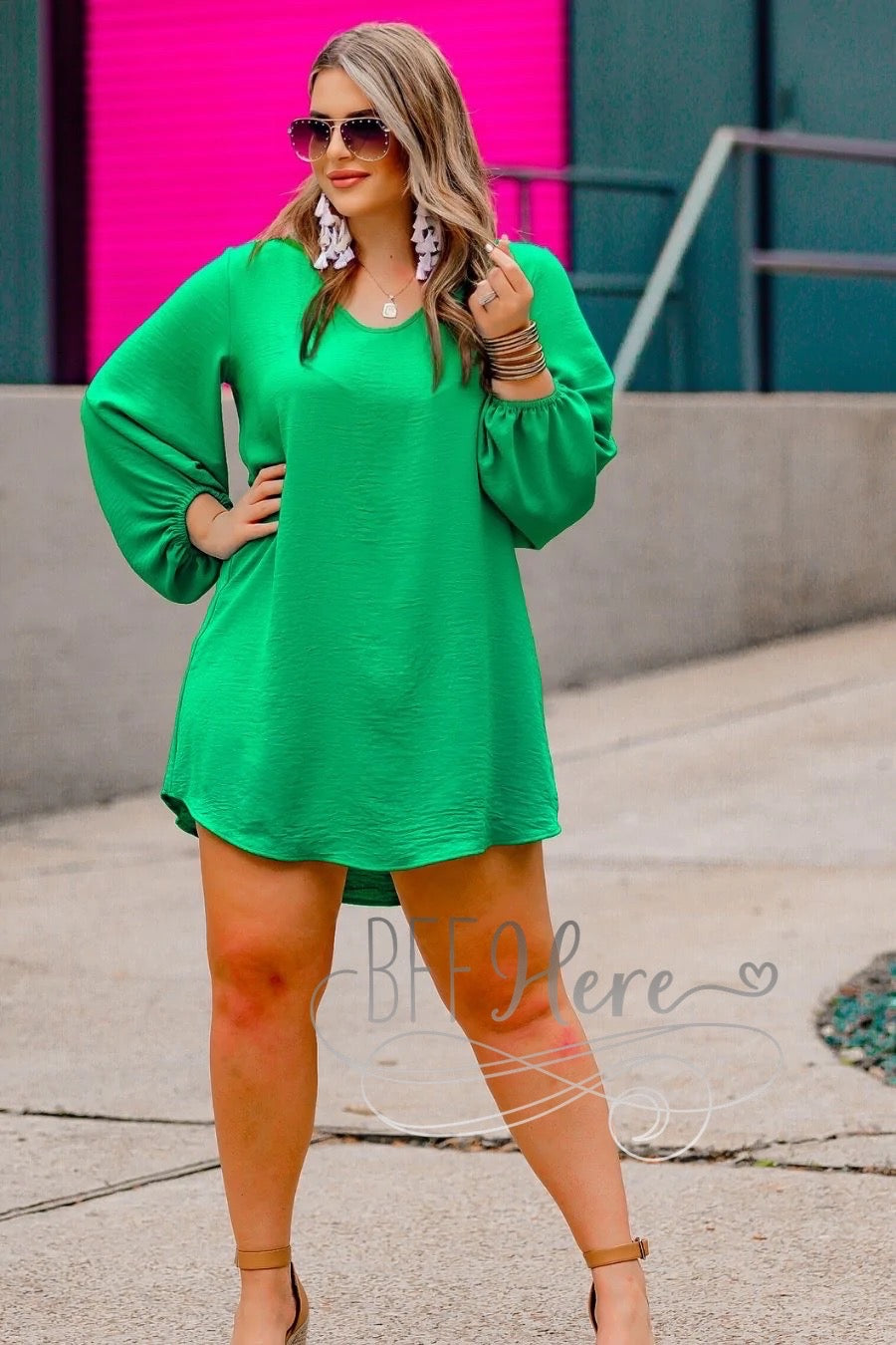 Jessie Balloon Sleeve Dress -- Kelly Green - BFF Here