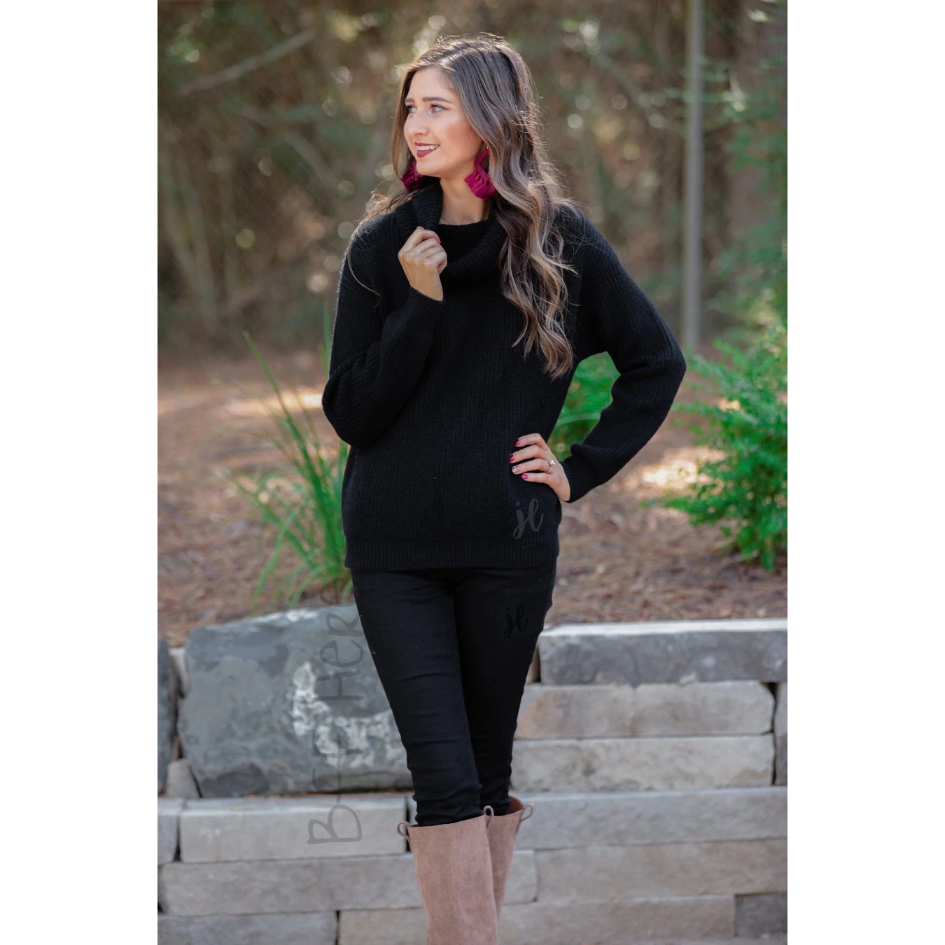 Mountain Lodge Cowl Neck Sweater — Black - BFF Here