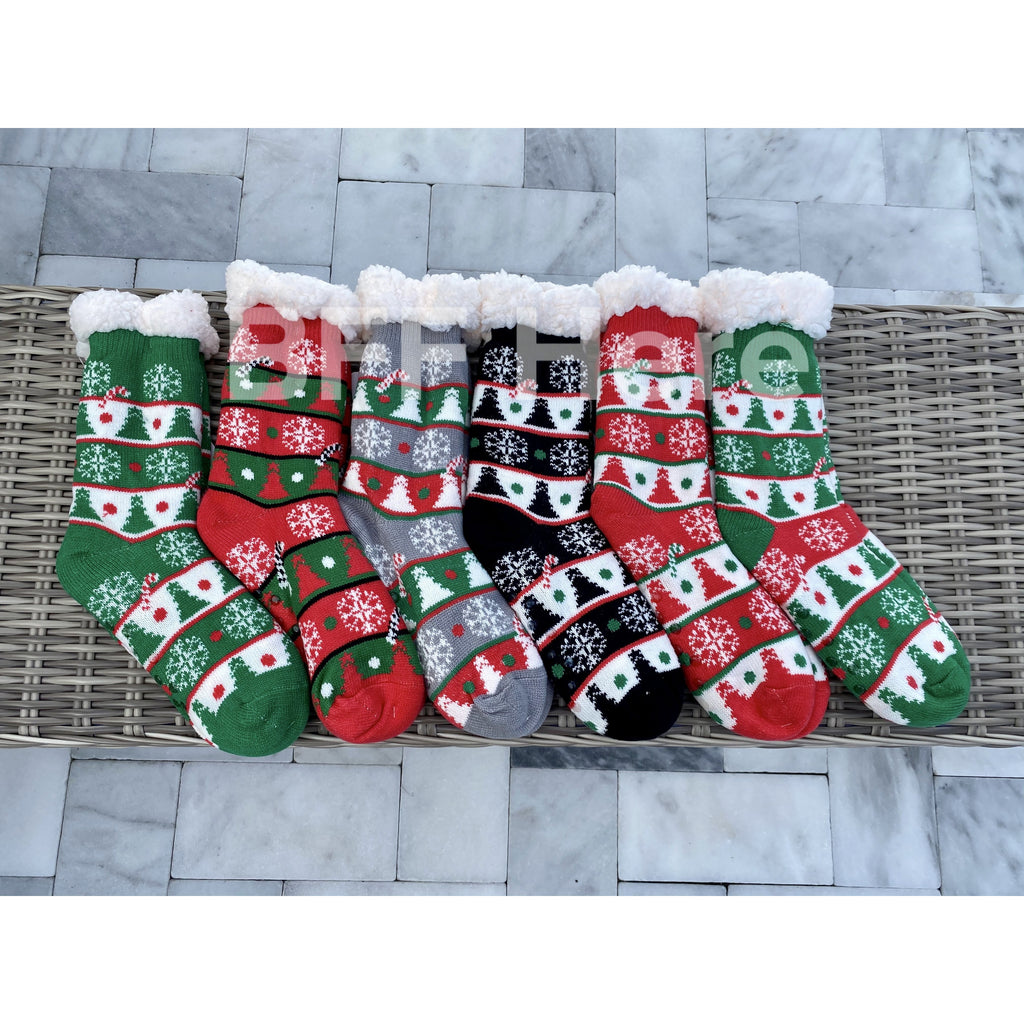 Christmas Tree  Print Faux Sherpa Slipper Socks -- Choice of Color - BFF Here