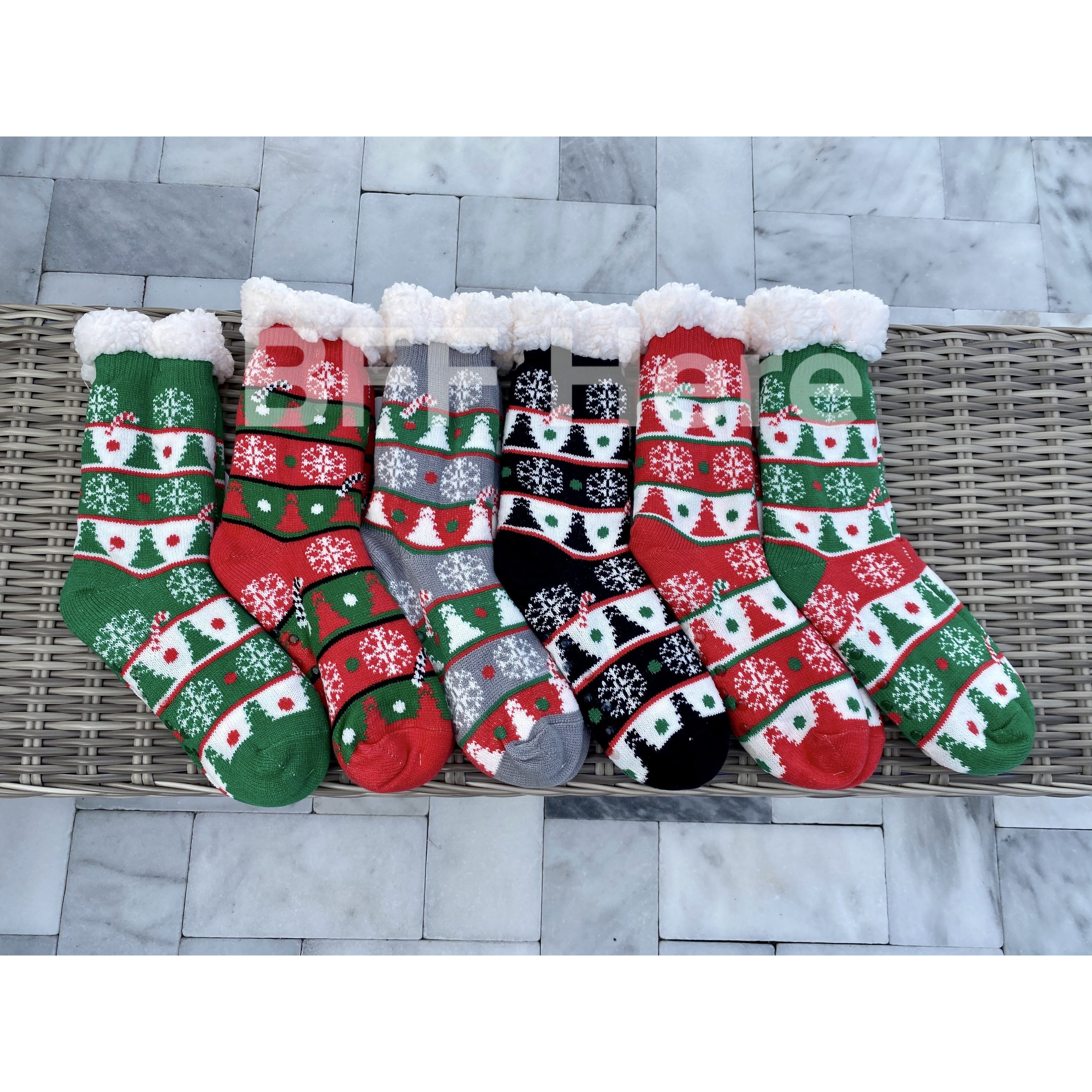 Christmas Tree  Print Faux Sherpa Slipper Socks -- Choice of Color - BFF Here