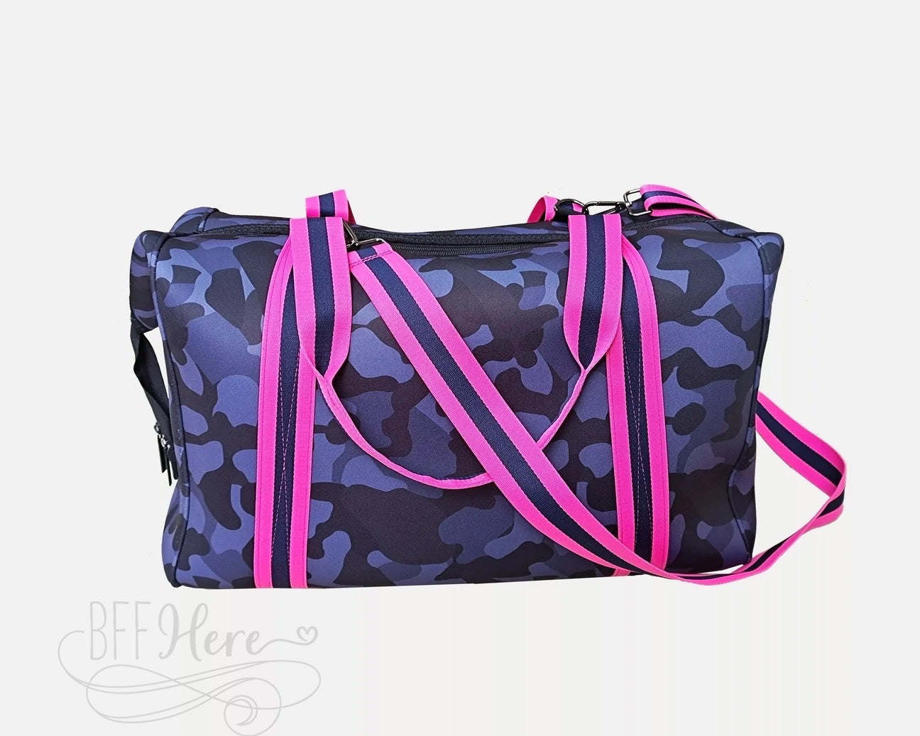 Neoprene Duffle Bag -  Navy Camo / Pink Stripe - BFF Here