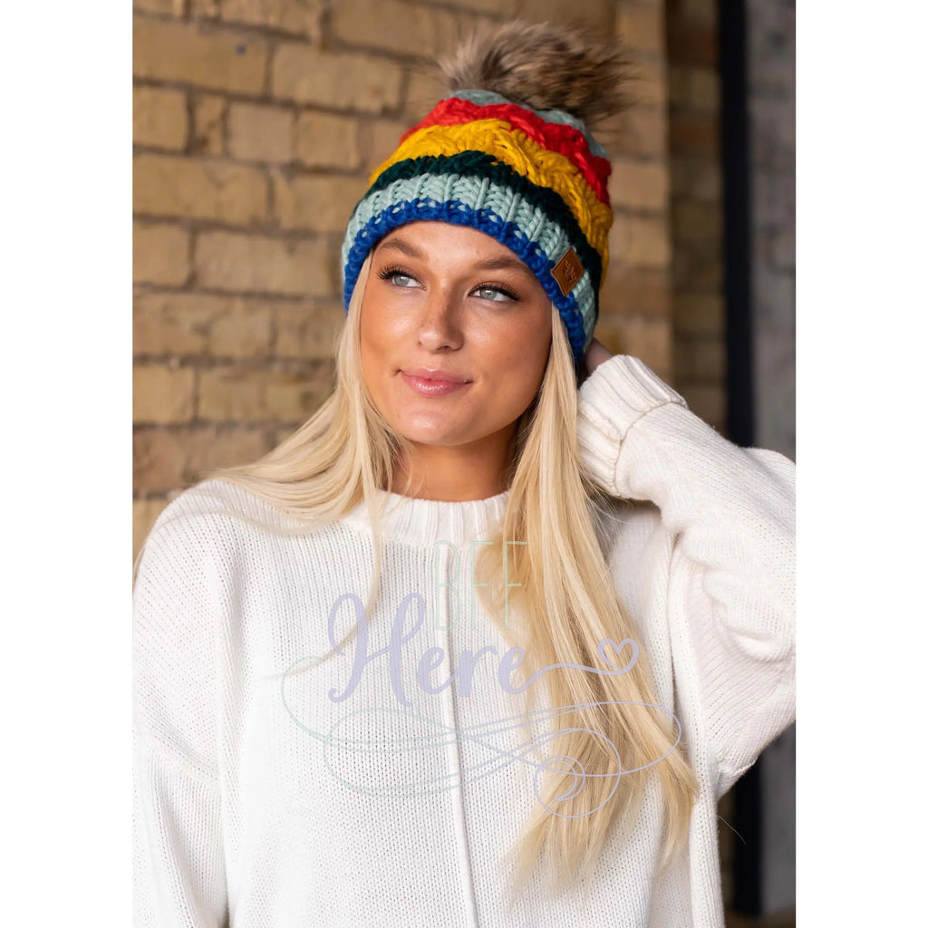Multi Color Cable Knit Pom Hat - BFF Here