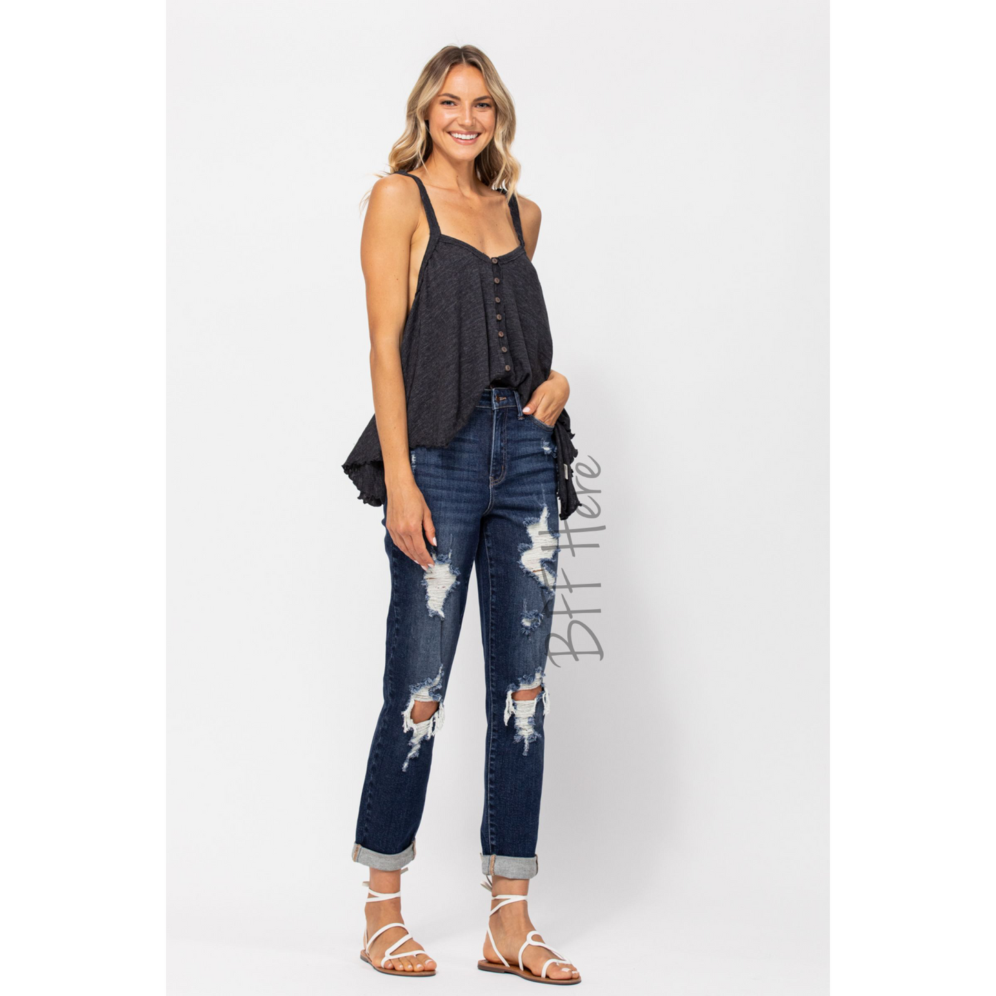 High Waist Destroyed Cuffed Boyfriend Jeans by Judy Blue - BFF Here