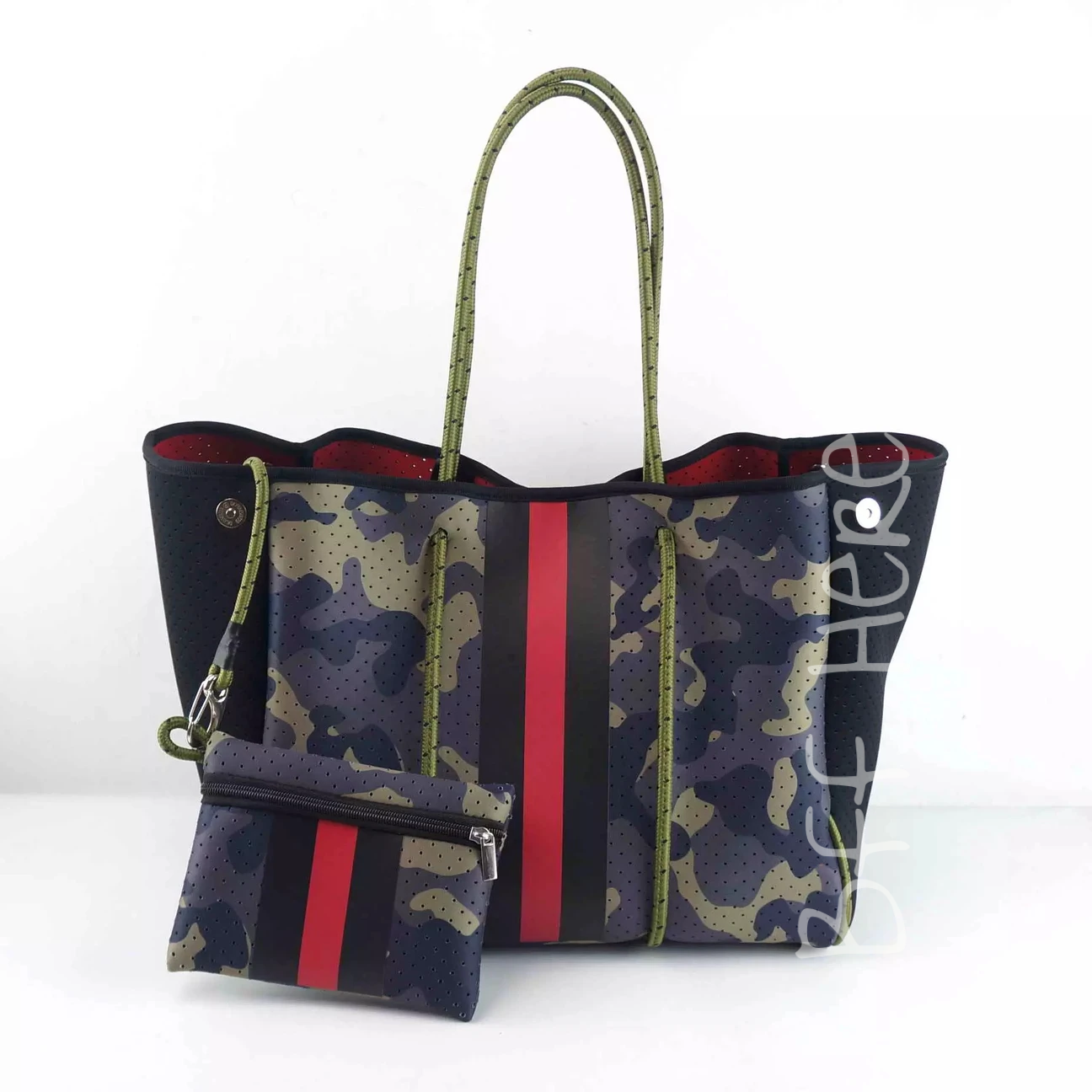 Neoprene Tote --  Green Camo/Red Stripe - BFF Here