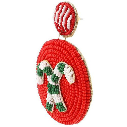 Round Candy Cane Seed Bead Earrings — Red - BFF Here