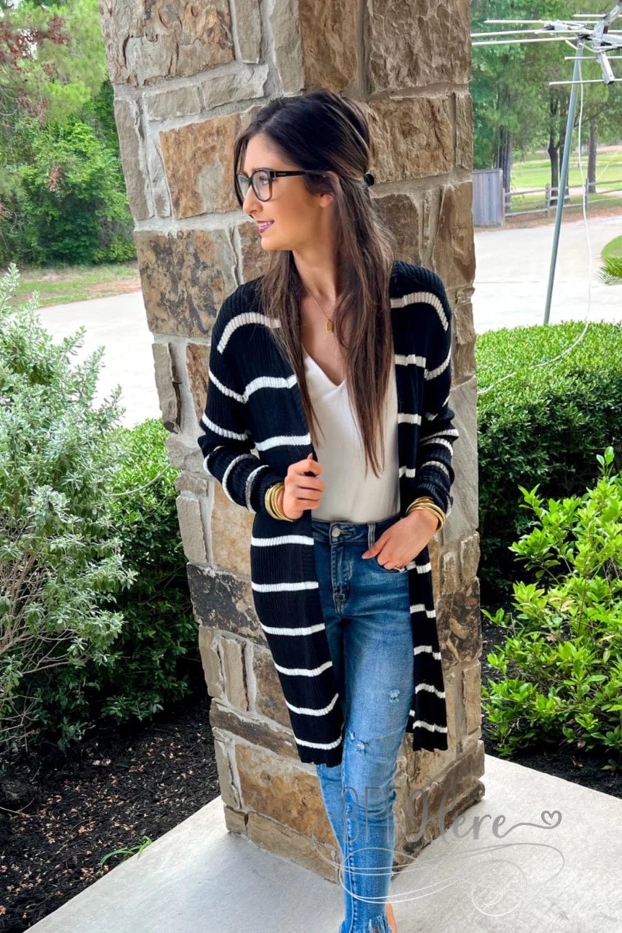 Amber Lightweight Striped Cardigan -- Black - BFF Here