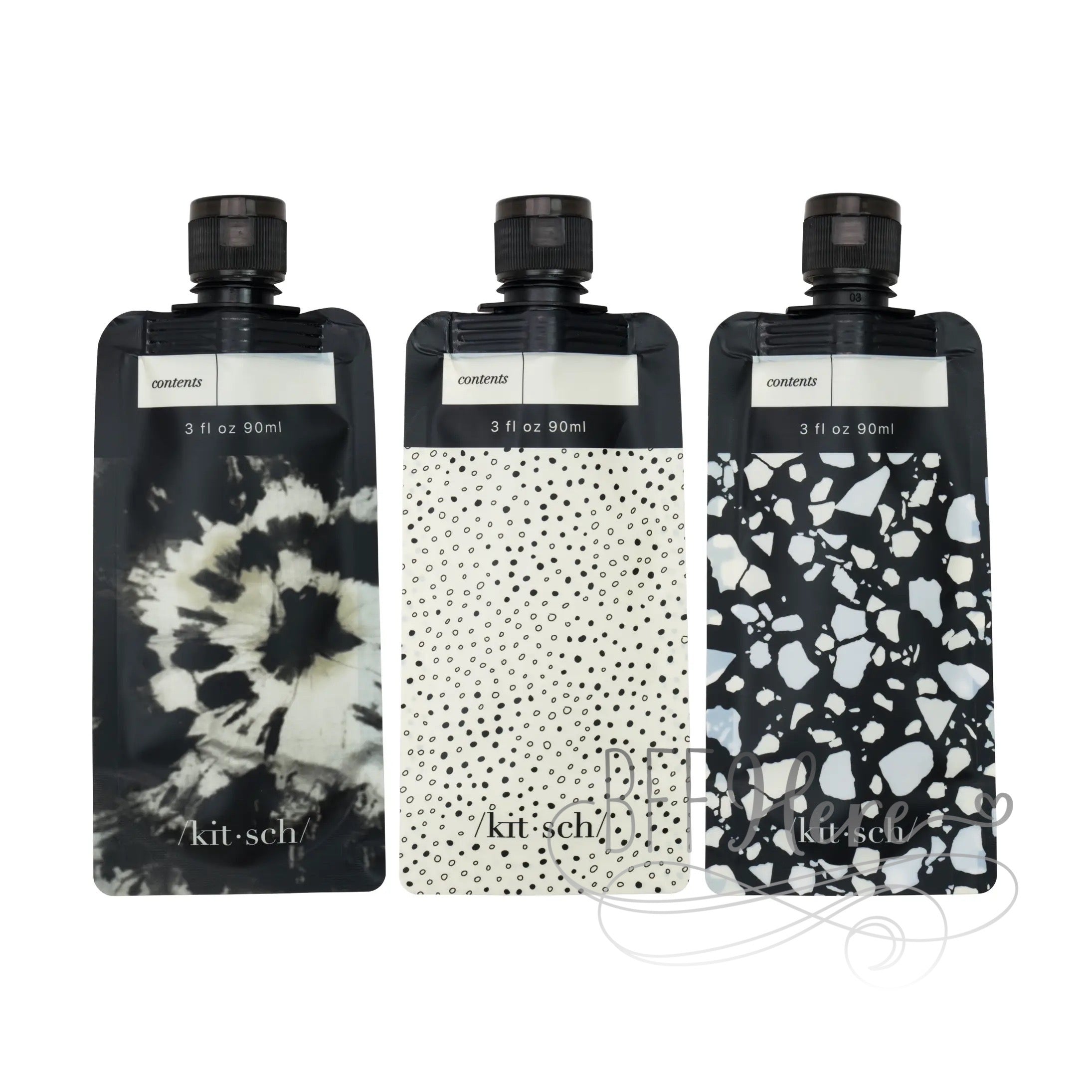 PREORDER—Refillable Travel Pouches 3pc Set by Kitsch- Black & Ivory - BFF Here