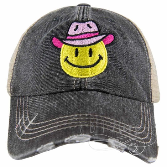 PREORDER—Cowboy  Hat Black Denim Happy Face Trucker Hat - BFF Here