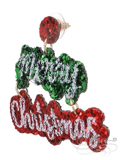 Glitter Merry Christmas Earrings - Green & Red - BFF Here