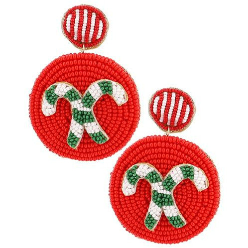 Round Candy Cane Seed Bead Earrings — Red - BFF Here