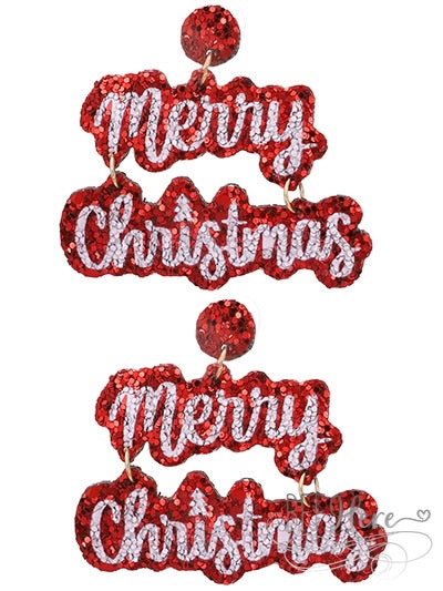 Glitter Merry Christmas Earrings - Red - BFF Here