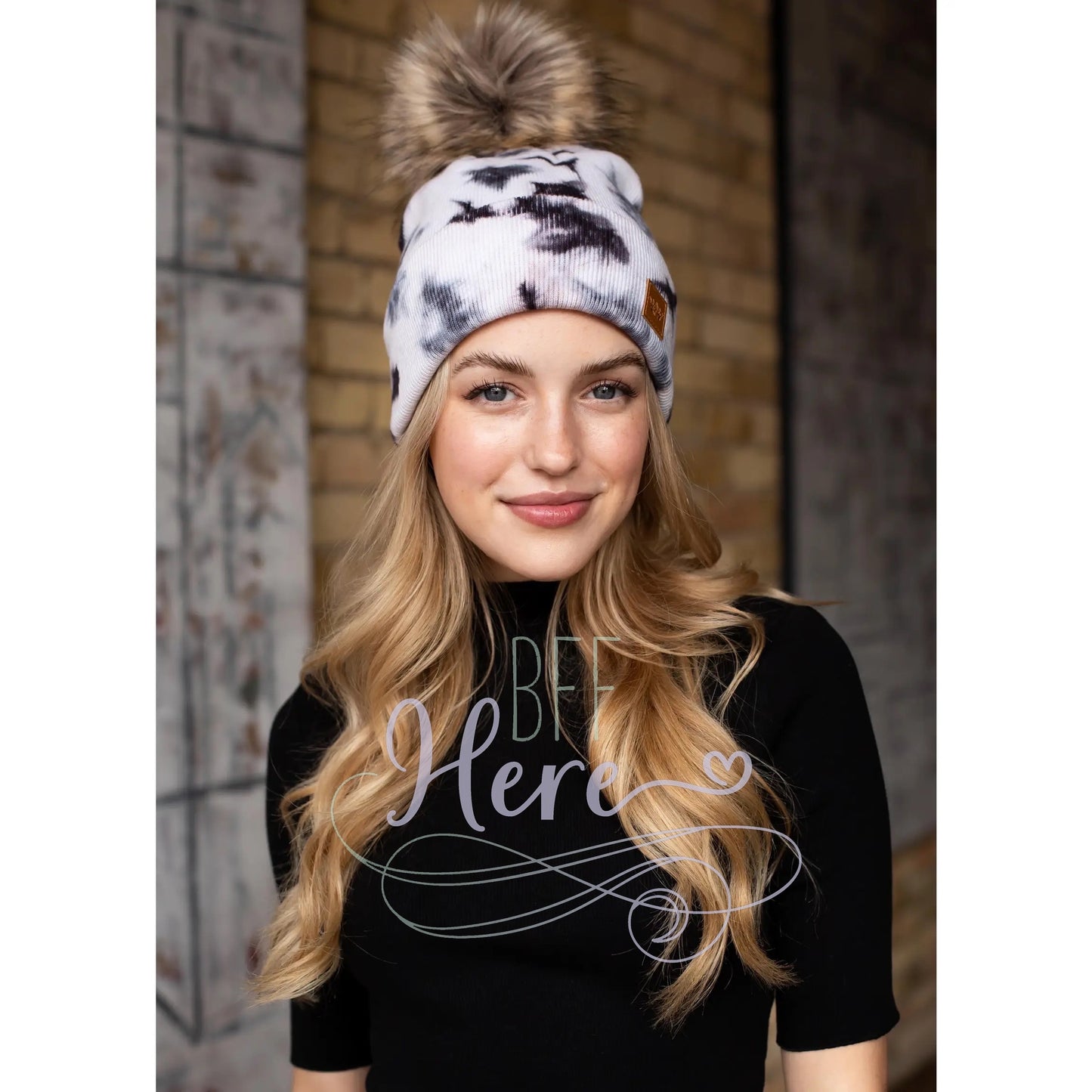 White & Black Tie Dye Pom Hat - BFF Here