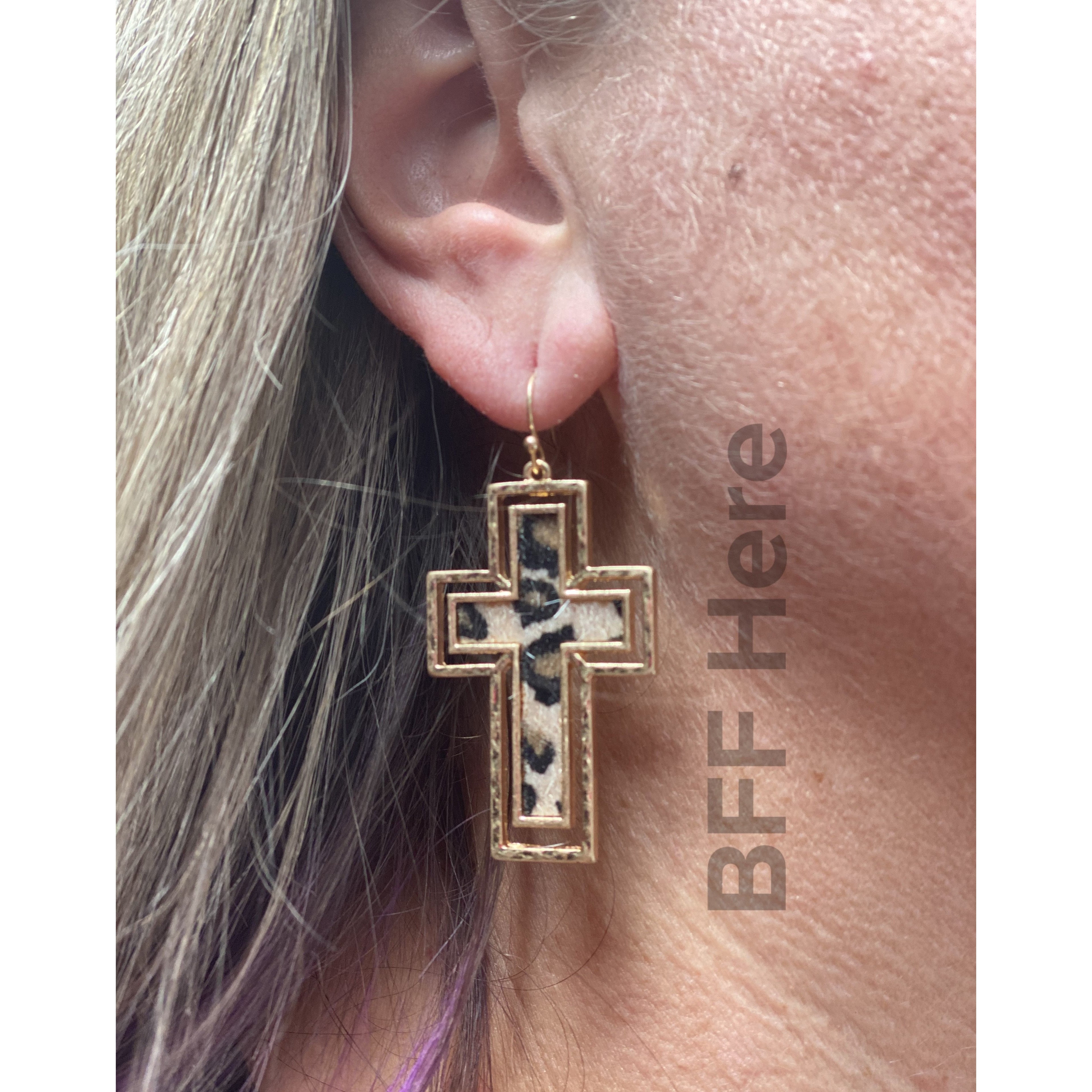 Leopard Print Cross Earring -- Choice of Color - BFF Here