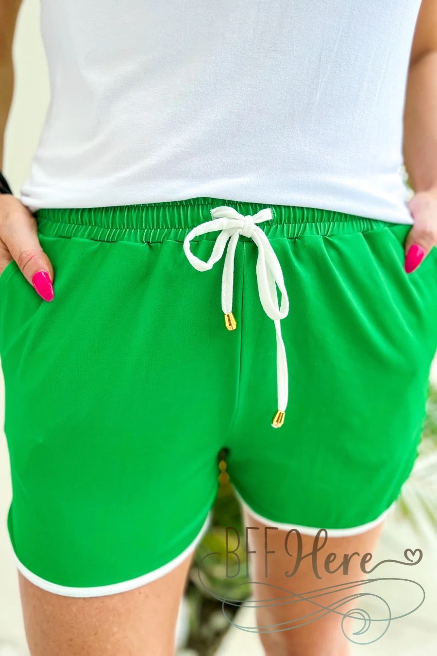 PREORDER-Green And White Drawstring Everyday Shorts - BFF Here