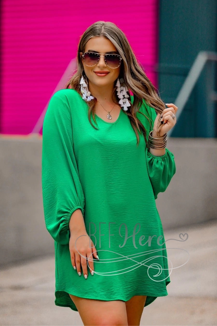 Jessie Balloon Sleeve Dress -- Kelly Green - BFF Here