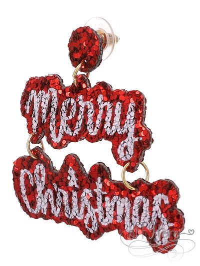 Glitter Merry Christmas Earrings - Red - BFF Here