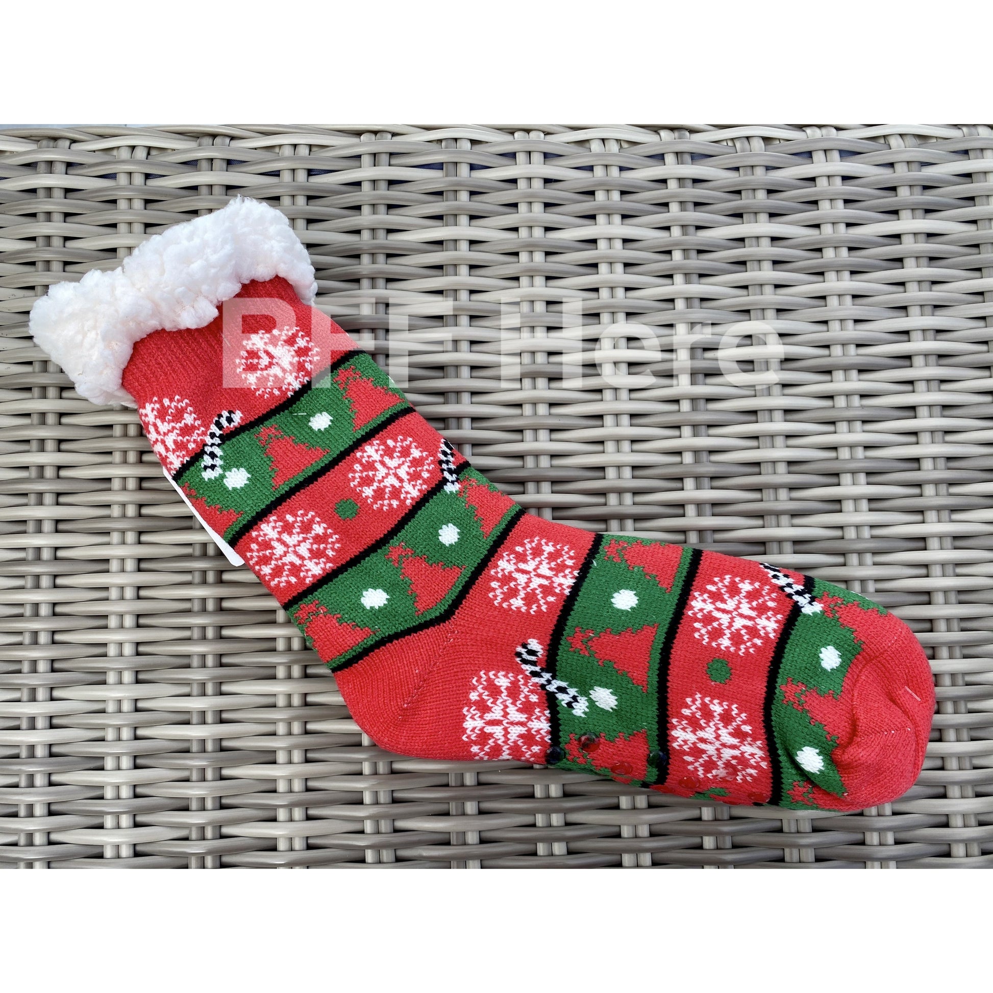 Christmas Tree  Print Faux Sherpa Slipper Socks -- Choice of Color - BFF Here