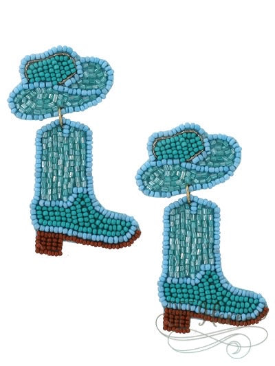 Cowboy Hat & Boot Seed Bead Earrings — Blue - BFF Here