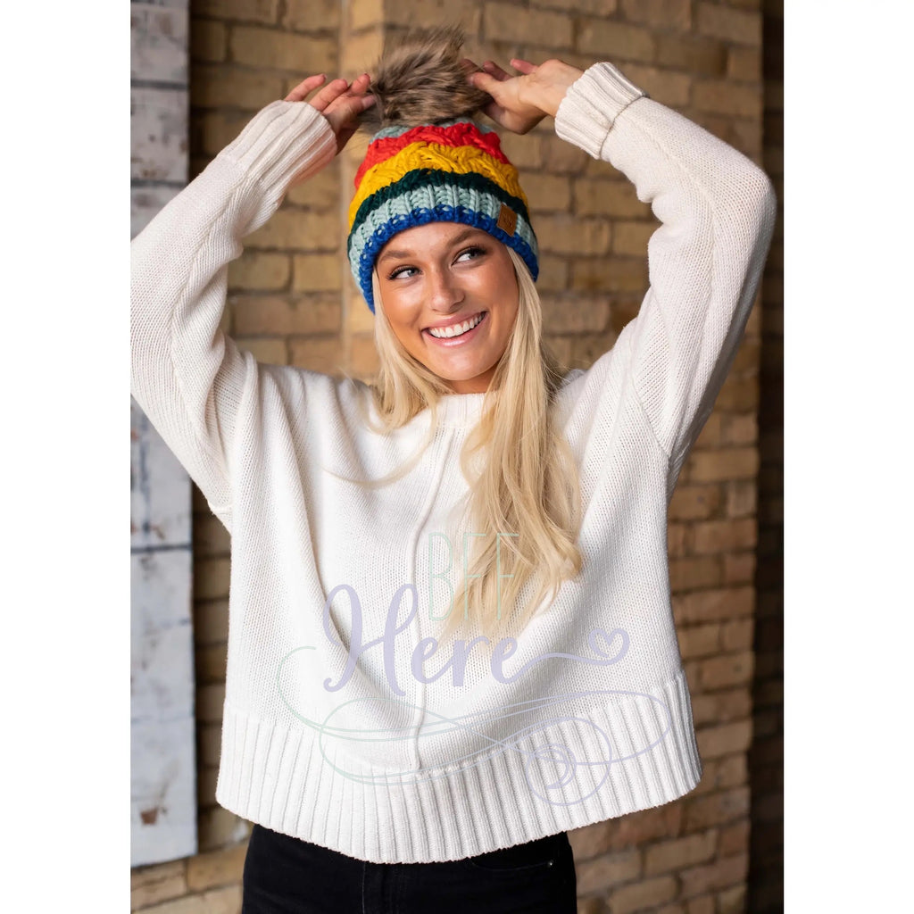 Multi Color Cable Knit Pom Hat - BFF Here