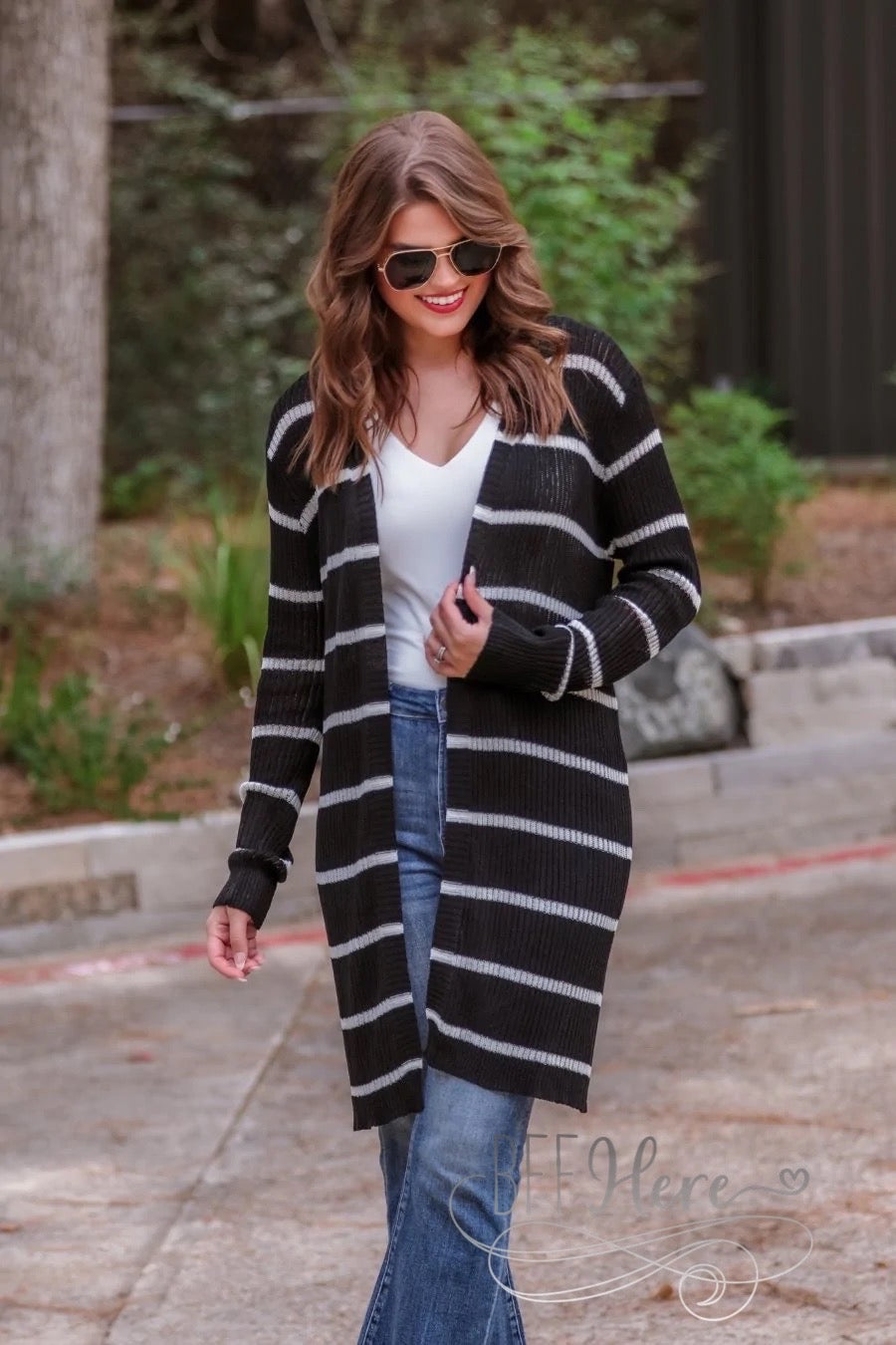 Amber Lightweight Striped Cardigan -- Black - BFF Here