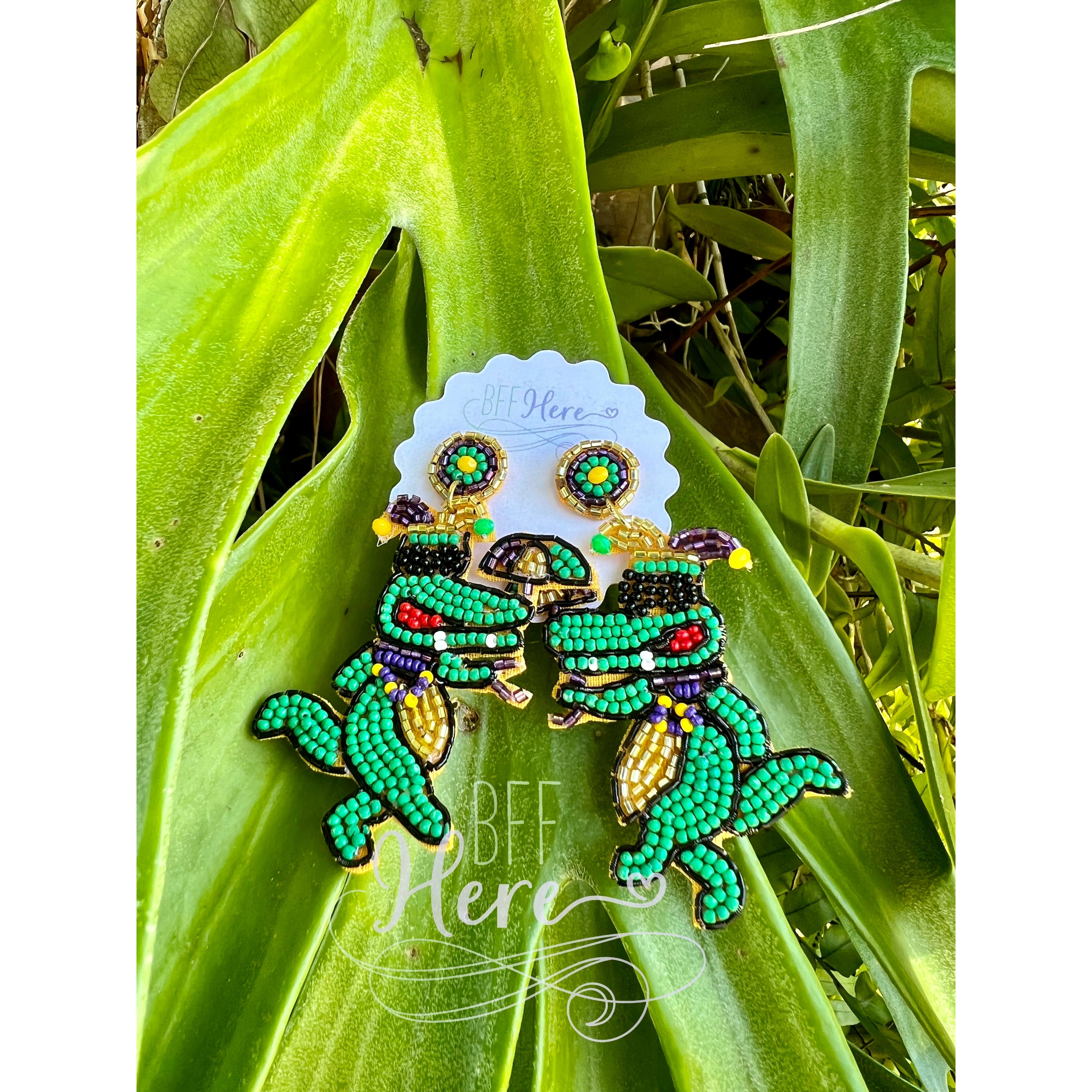 Mardi Gras Gator Seed Bead Earrings - BFF Here