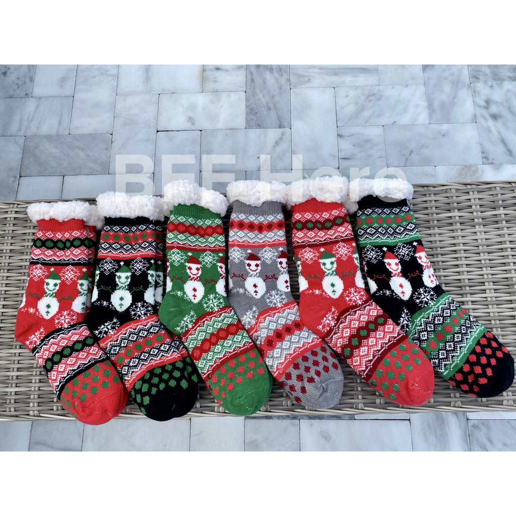 Snowman Print Faux Sherpa Slipper Socks -- Choice of Color - BFF Here