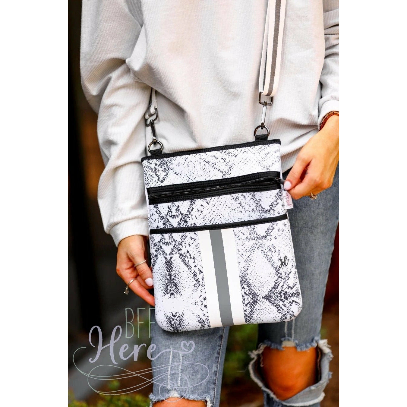 Neoprene Crossbody -- Silver Snakeskin - BFF Here