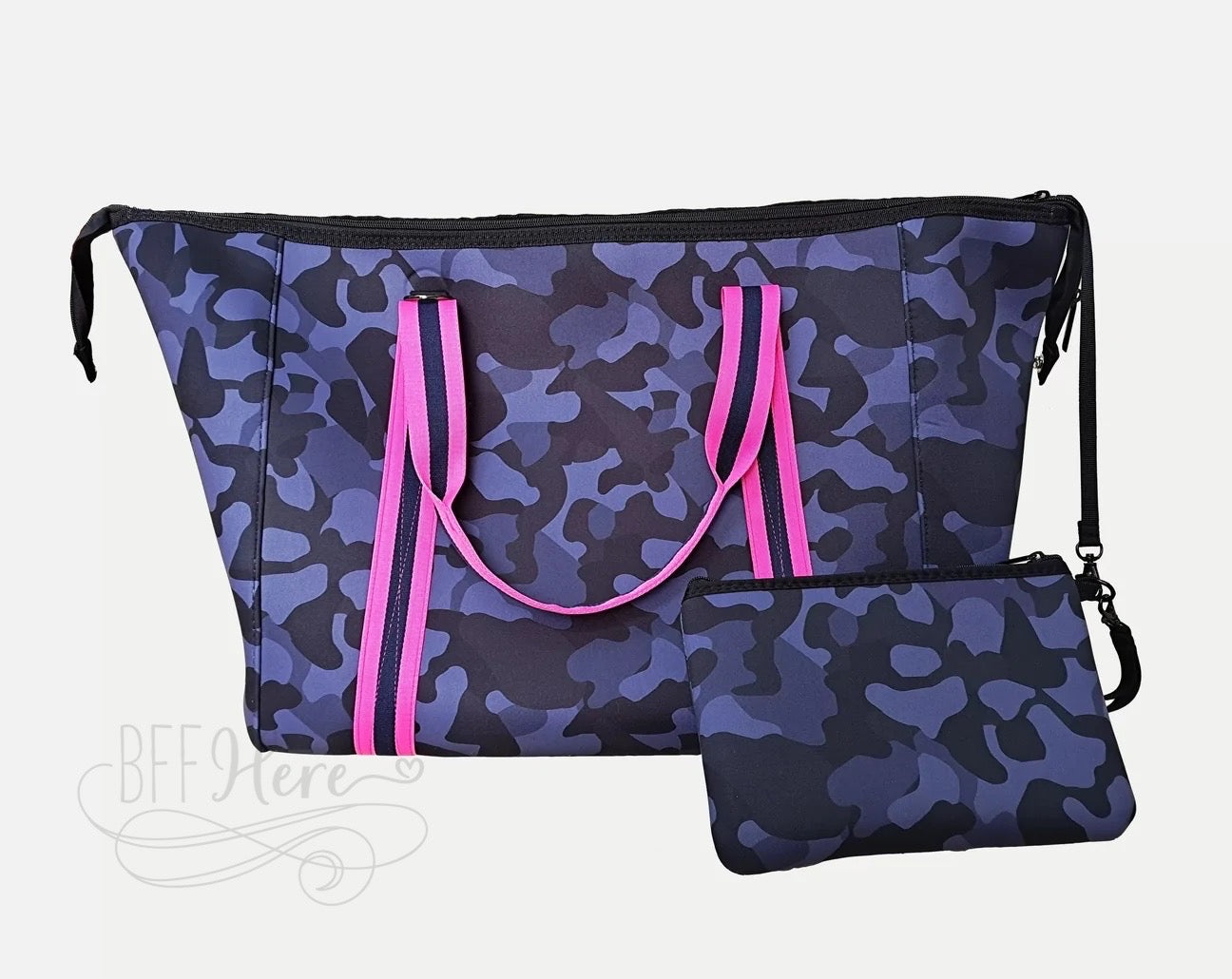 Neoprene Duffle Bag -  Navy Camo / Pink Stripe - BFF Here