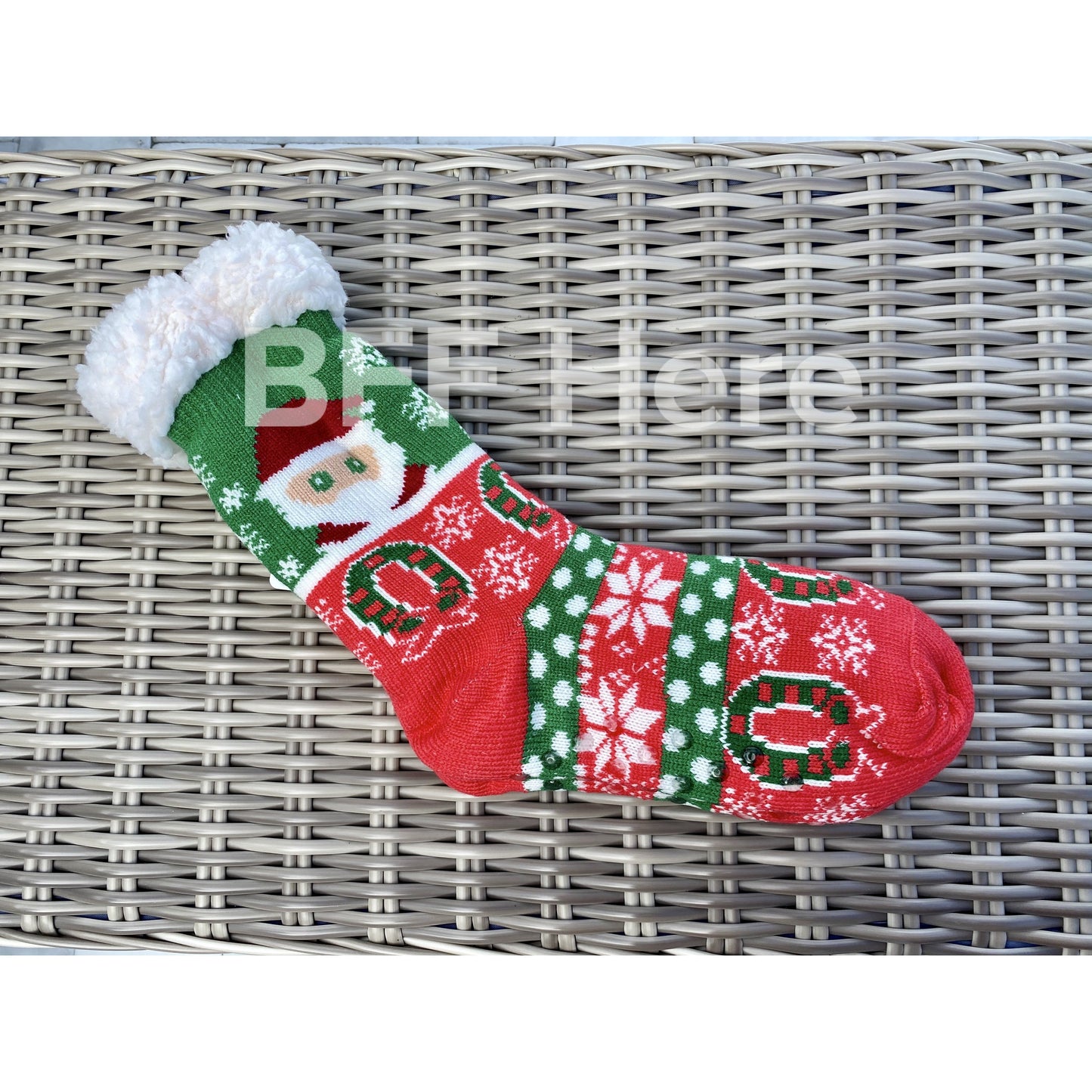 Santa Print Faux Sherpa Slipper Socks -- Choice of Color - BFF Here