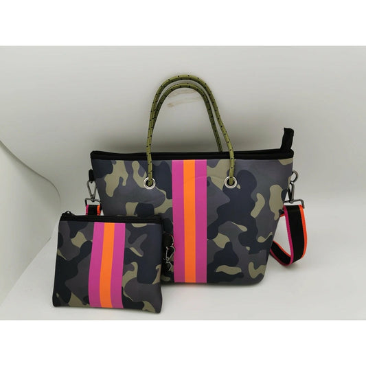 Neoprene Mini Tote Set -- Green Camo/Pink Stripe - BFF Here