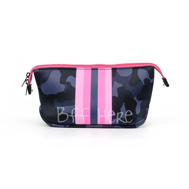 Neoprene Cosmetic Bag -- Blue Camo/Pink Stripe - BFF Here