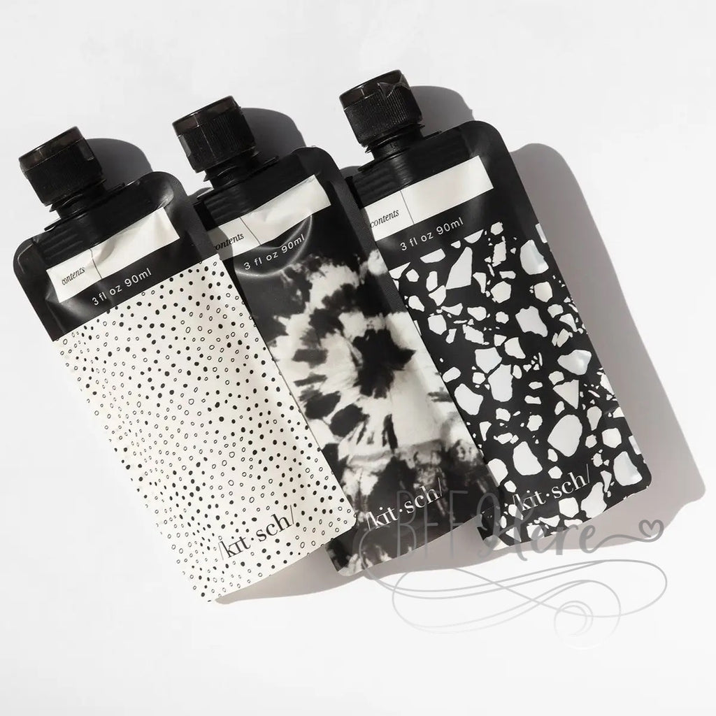 PREORDER—Refillable Travel Pouches 3pc Set by Kitsch- Black & Ivory - BFF Here