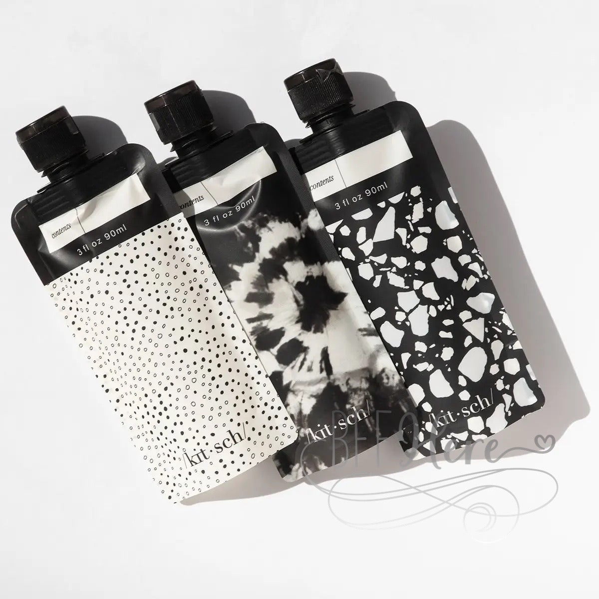 PREORDER—Refillable Travel Pouches 3pc Set by Kitsch- Black & Ivory - BFF Here