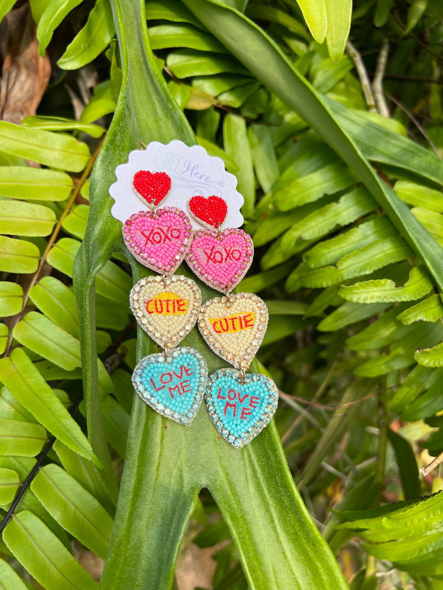 3 Hearts Words Seed Bead Earrings - BFF Here