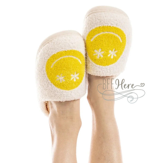 Daisy Eye Happy Face Sherpa Slippers - BFF Here