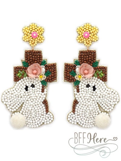 Easter Bunny Cross Seed Bead Earrings — Brown - BFF Here