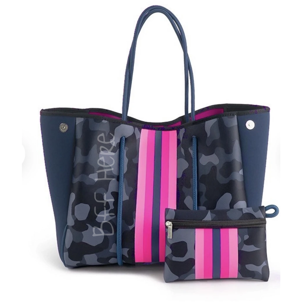 Neoprene Tote -- Navy Camo/Pink Stripe - BFF Here