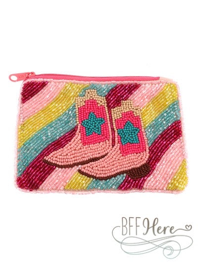 Pink Cowgirl Boots Seed Bead Coin Purse - BFF Here