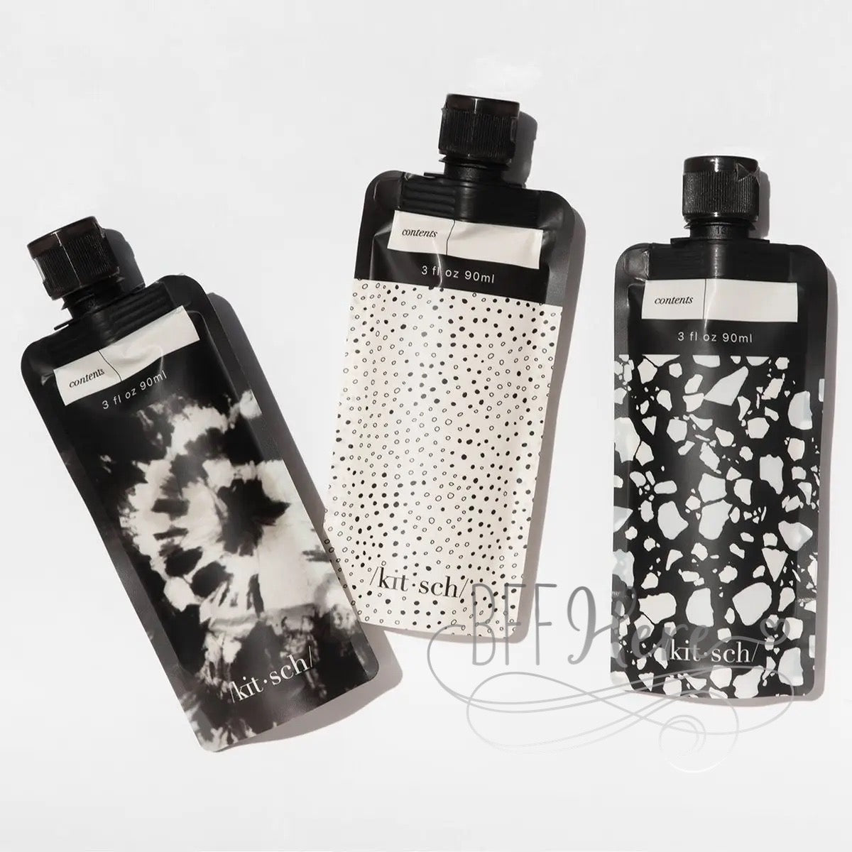 PREORDER—Refillable Travel Pouches 3pc Set by Kitsch- Black & Ivory - BFF Here
