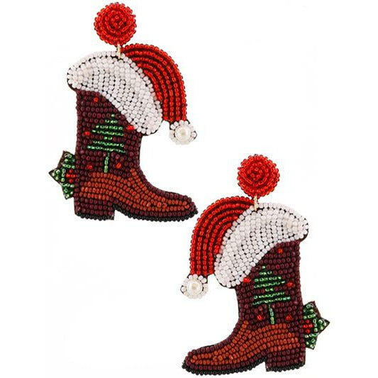 Christmas Cowboy Boots Santa Hat Seed Bead Earrings - BFF Here