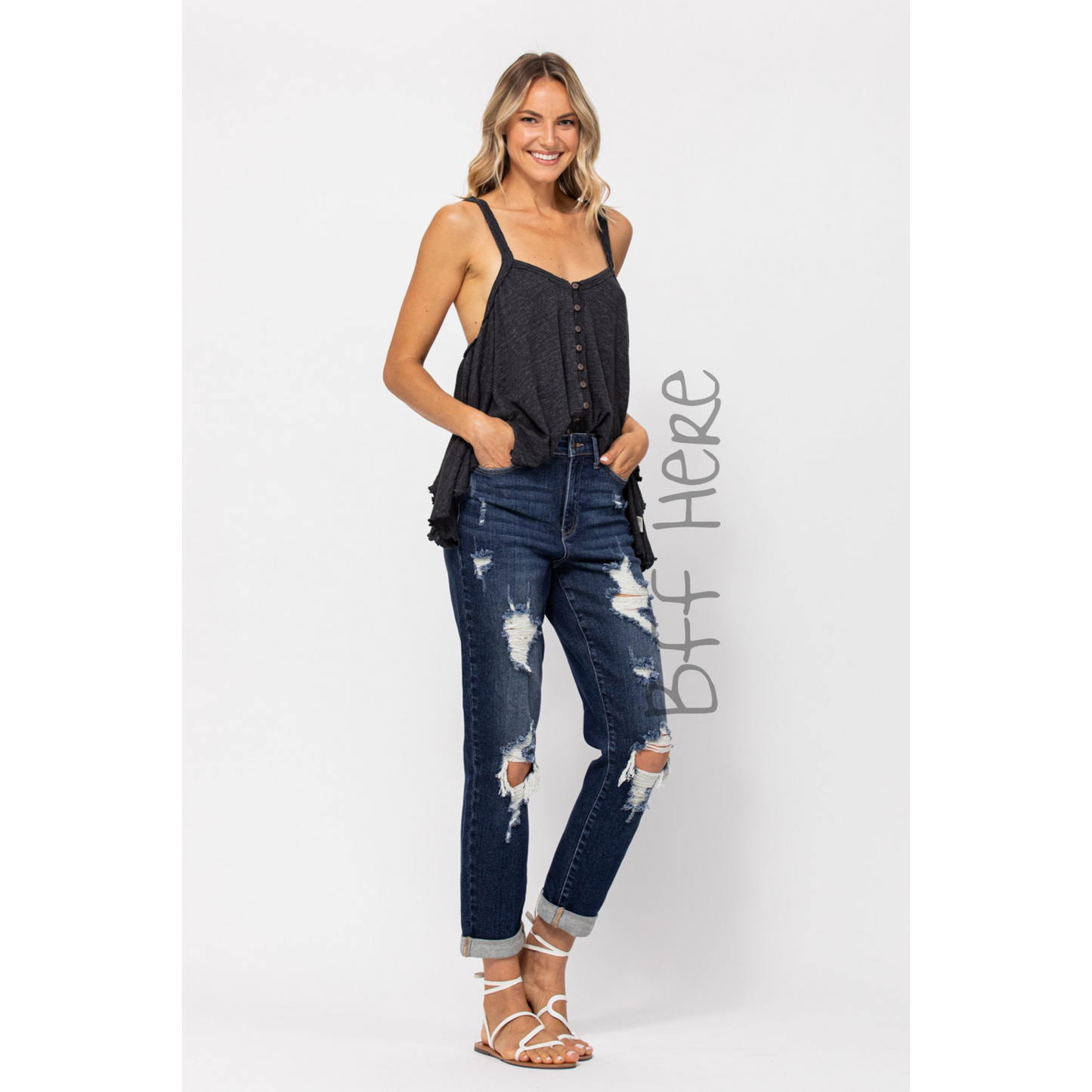 High Waist Destroyed Cuffed Boyfriend Jeans by Judy Blue - BFF Here