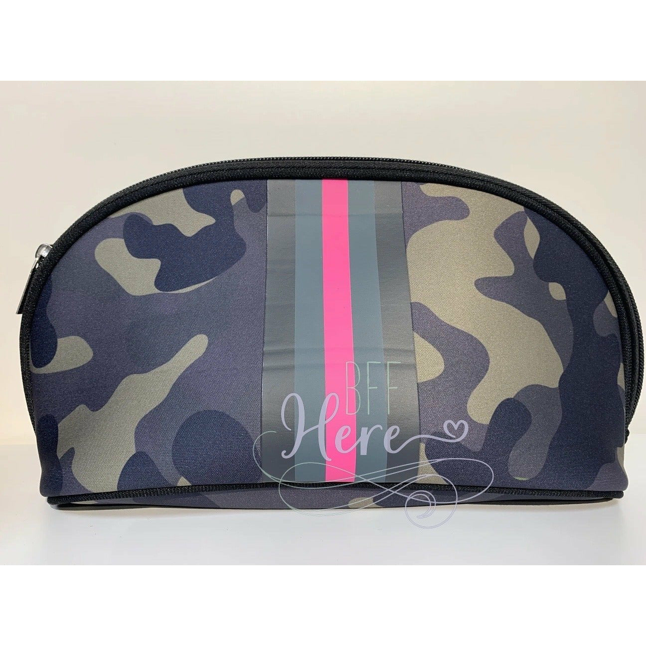 Neoprene Cosmetic Bag -- Green Camo/Pink Stripe - BFF Here