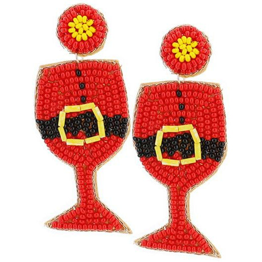 Santa Wine Glass Seed Bead Earrings - BFF Here