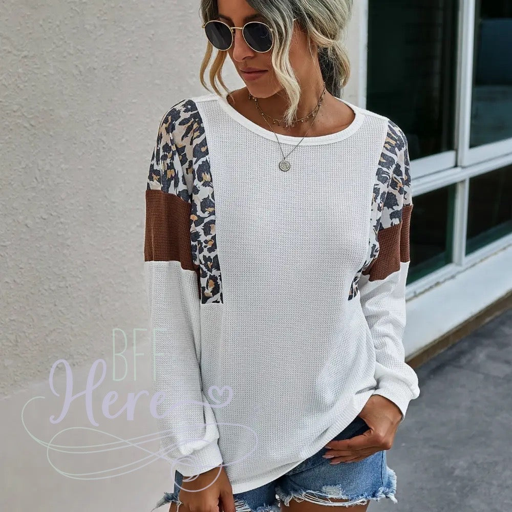 Iris Waffe Knit Color Block Leopard Top - BFF Here