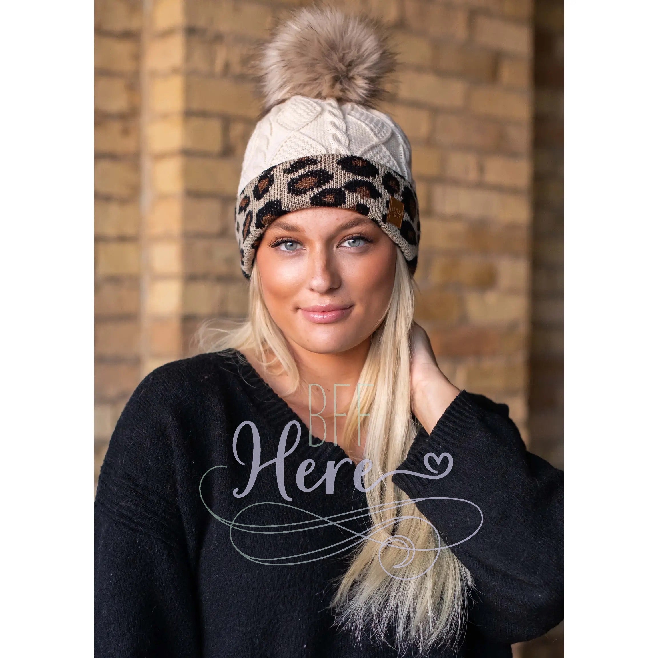 Ivory & Leopard Cable Knit Pom Hat - BFF Here